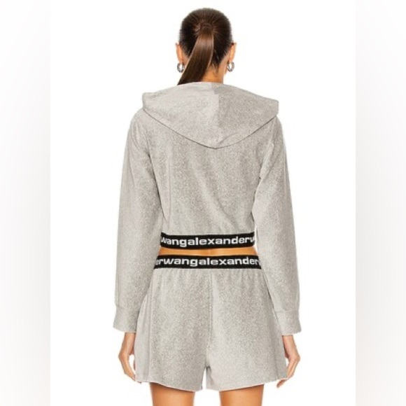 ALEXANDER WANG Stretch Corduroy Cropped Long Sleeve Hoodie in Heather Gray - Picture 3 of 10